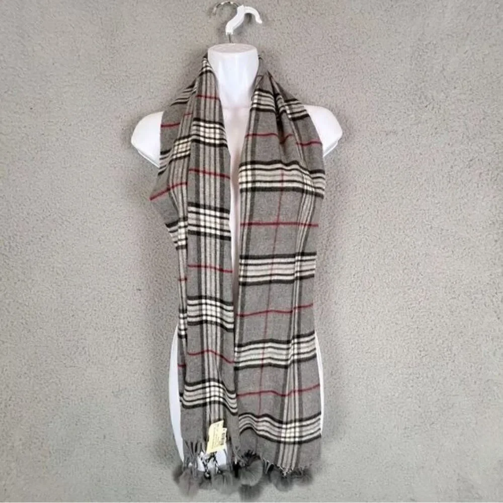 WOMENS SCARF GRAY WITH STRIPES RABBIT FUR BALL TASSELS